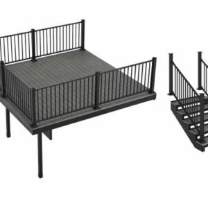 Apex Attached 12 ft x 12 ft Alaskan Driftwood PVC Deck Kit and 5-Step Stair Kit with Steel Framing and Aluminum Railing