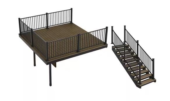 Apex Attached 12 ft. x 12 ft. Brazilian Teak PVC Deck Kit and 10-Step Stair Kit with Steel Framing and Aluminum Railing