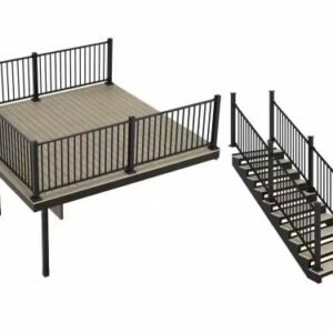 Apex Attached 12 ft. x 12 ft. Artic Birch PVC Deck Kit and 10-Step Stair Kit with Steel Framing and Aluminum Railing