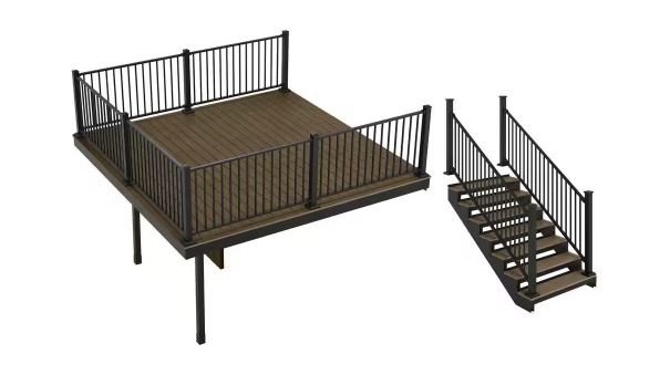 Apex Attached 12 ft. x 12 ft. Brazilian Teak PVC Deck Kit and 7-Step Stair Kit with Steel Framing and Aluminum Railing