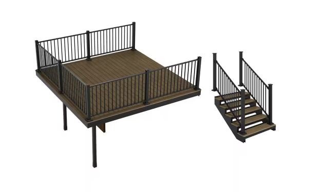 Apex Attached 12 ft. x 12 ft. Brazilian Teak PVC Deck Kit and 5-Step Stair Kit with Steel Framing and Aluminum Railing