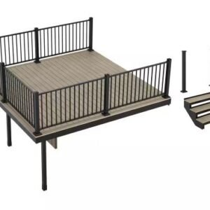 Apex Attached 12 ft. x 12 ft. Artic Birch PVC Deck Kit and 3-Step Stair Kit with Steel Framing and Aluminum Railing