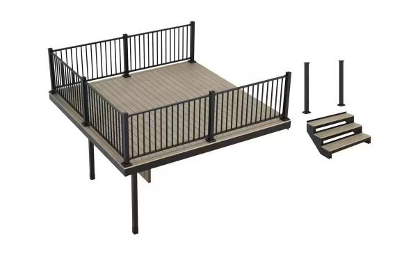 Apex Attached 12 ft. x 12 ft. Artic Birch PVC Deck Kit and 3-Step Stair Kit with Steel Framing and Aluminum Railing