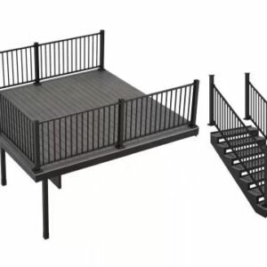 Apex Attached 12 ft x 12 ft Alaskan Driftwood PVC Deck Kit and 7-Step Stair Kit with Steel Framing and Aluminum Railing